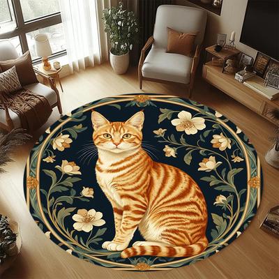 Round Vintage Cat Print Floor Rug Non Slip Soft Washable Carpet for Living Room Bedroom and Home Decoration Use