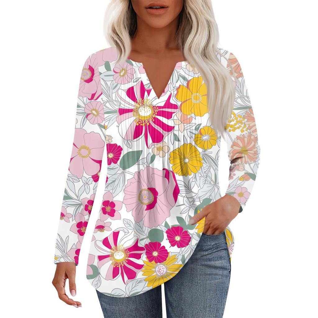 Damenmode Lässig Plissiert V-Ausschnitt Einfarbig Langarm T-Shirt Elegante Oberteile