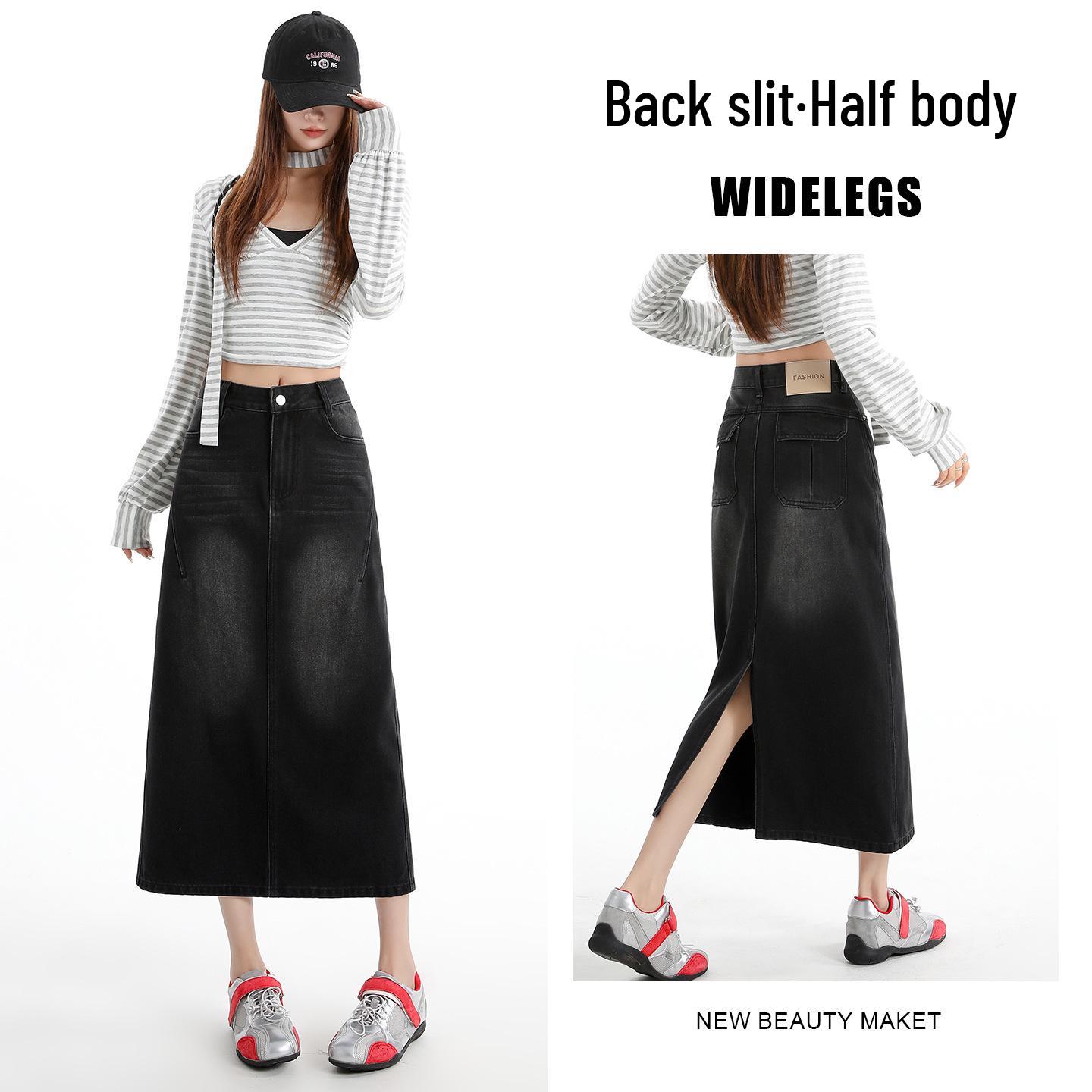 Women s Black-Grey High-Waisted Slimming Denim Midi Skirt, Spring 2026 New Arrival, Back Slit, Bodycon Mid-Length Skirt Small