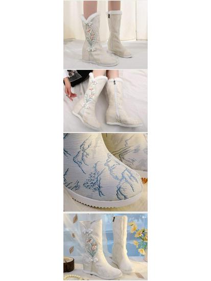 Vyšívané zimní Hanfu kozačky po kolena: Etnický styl, Plyšová bavlna, Vnitřní zvýšení výšky