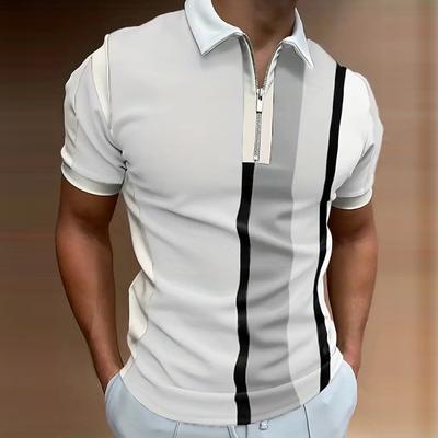 Erkek Tişört Polo Günlük Fermuarlı Kısa Kollu Moda Günlük Fermuar Yaz Bahar Normal Kesim 3D Gri Çizgili Baskılı Tişört