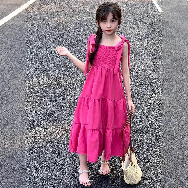 Girls' Summer Spaghetti Strap Beach Dress - Fresh, Stylish Vacation Wear for Big Girls