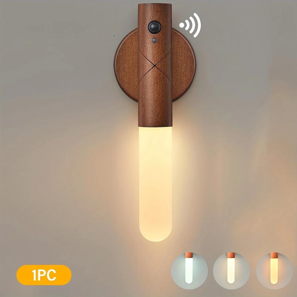 LED Wooden Sensor Night Light with Motion Sensor Wall Sconce, USB Rechargeable Dimmable 3 Color Temperature, Magnetic Mount
