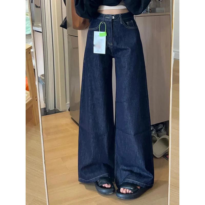 

Spring 2025 Retro High-Waisted Wide-Leg Jeans: Women s Loose, Drapey, Floor-Length Slimming Pants Large темно-синього кольору