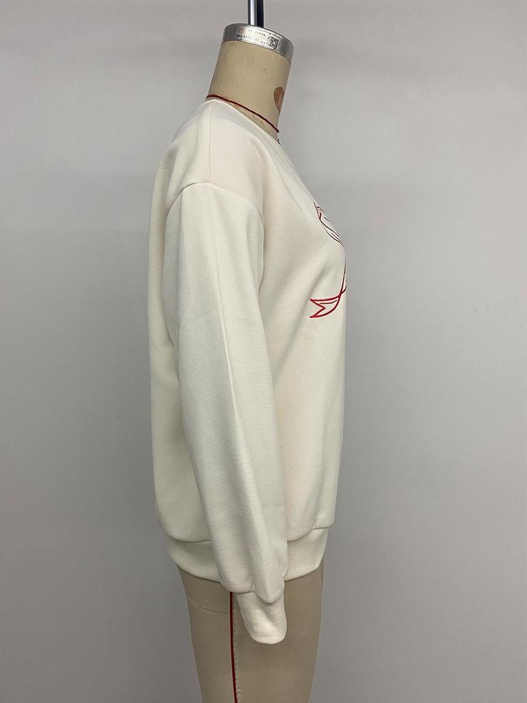European-American Casual Loose Round Neck Pullover with Sweet Embroidery & Bowknot Design for Women