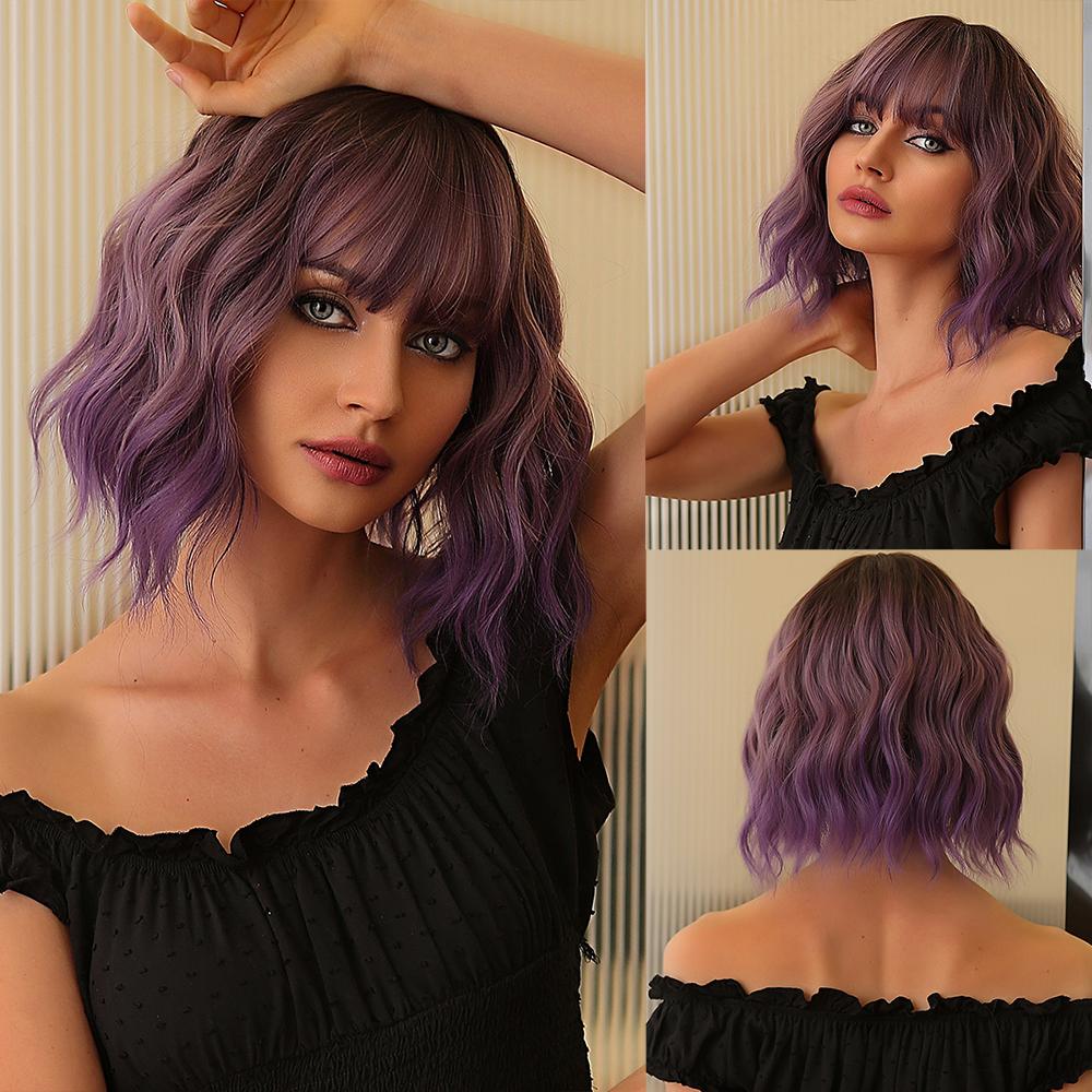 EASIHAIR Short White Bob Synthetic Wigs Short Wavy Lolita Natural Hair Wigs with Bangs for Women Heat Resistant Cosplay Wig