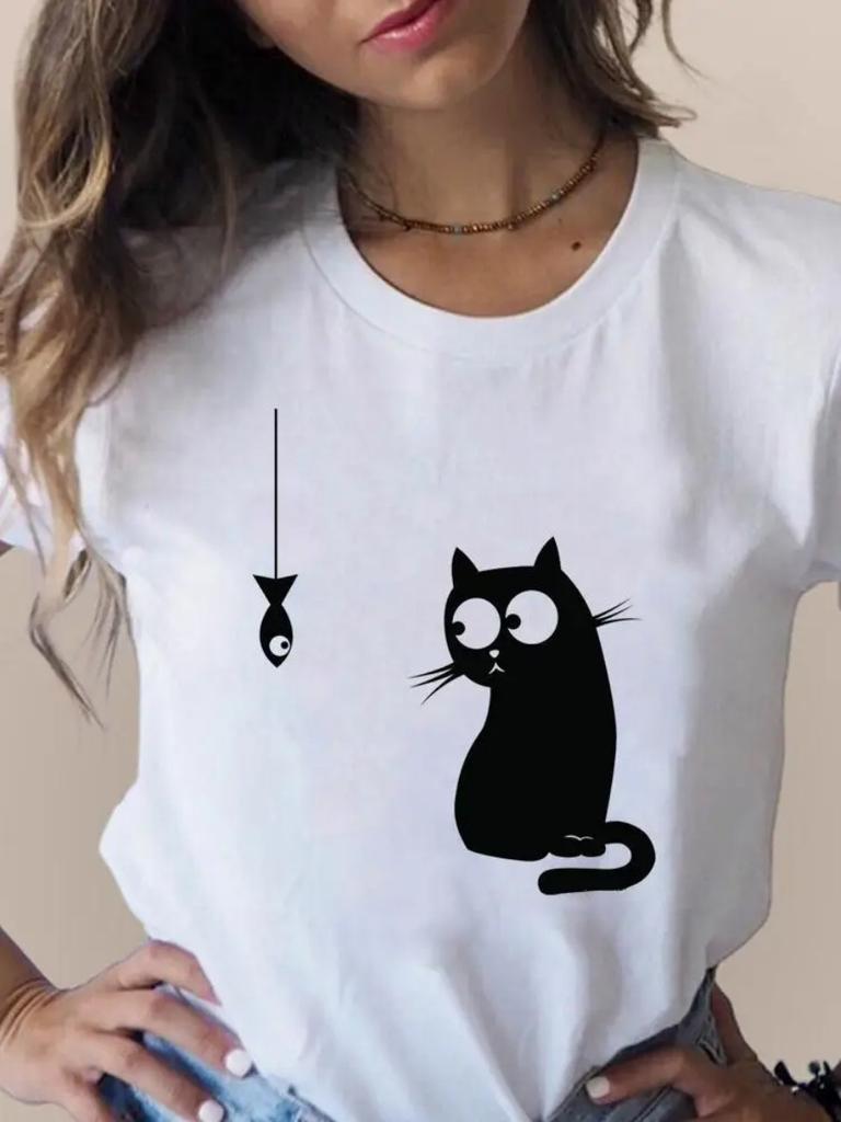 Summer Plus Size Print T Fashion 3D Cat Lovely Trend Cute Women's Clothing Short Sleeve Clothes Summer T-shirts Ladies Graphic Tee