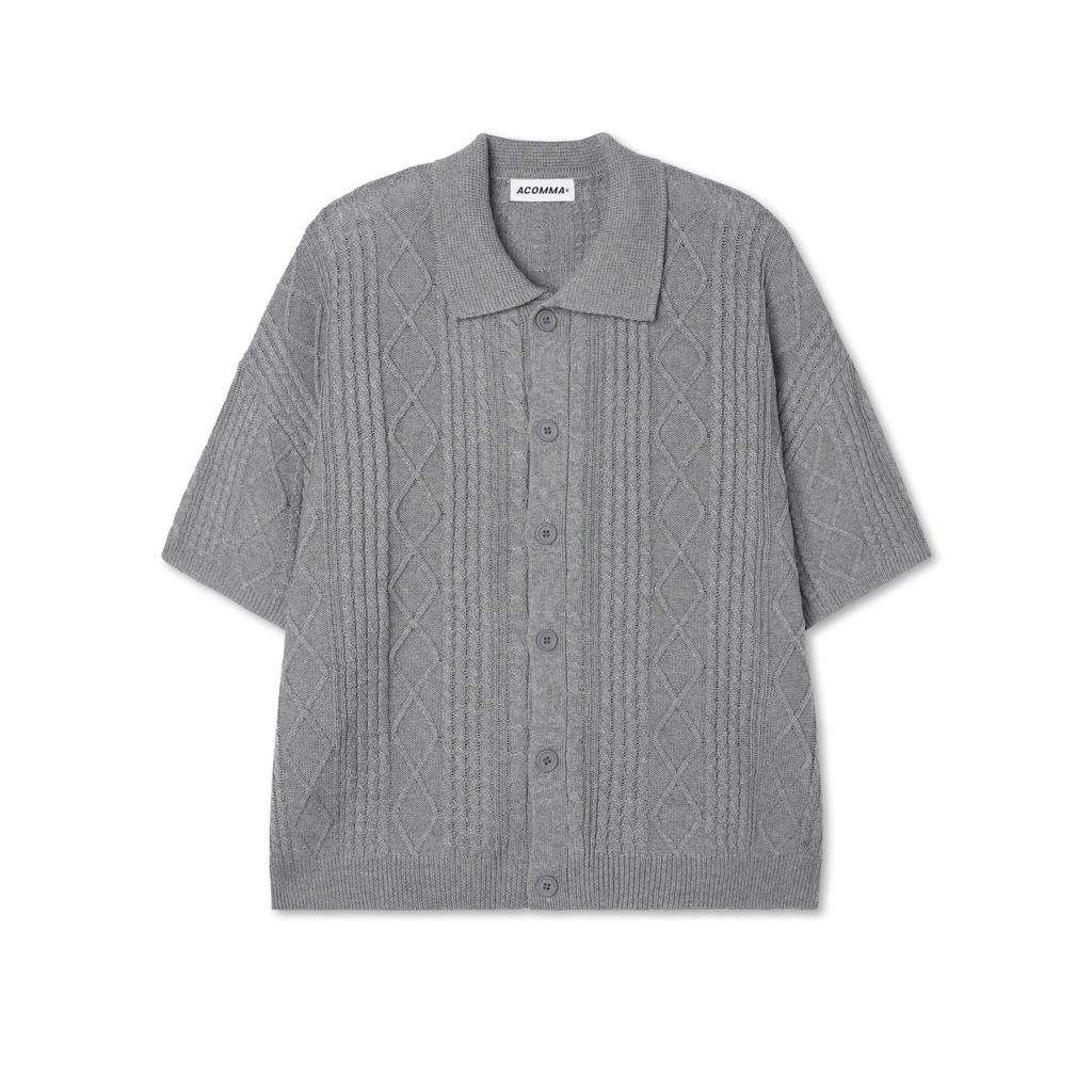 Apostrophe Comma Vertical Diamond Short Sleeve Collar Knit Cardigan_Black