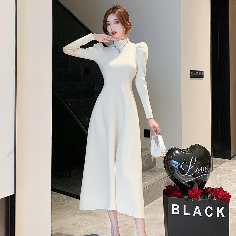 French Retro Knitted Dress Women's Age Reduction Autumn and Winter New Semi-turtleneck Medium and Long Knee-slim Sweater Skirt Tide