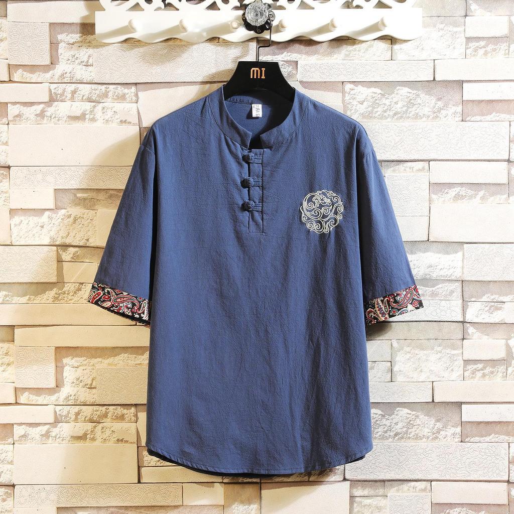 Camisa de Linho Casual Masculina Estilo Retrô de Algodão e Linho Manga Curta Masculina
