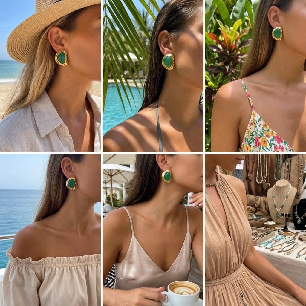 Vintage Stainless Steel Green Resin Irregular Stud Earrings For Women Men Minimalist Textured Geometric Earring Elegant Jewelry