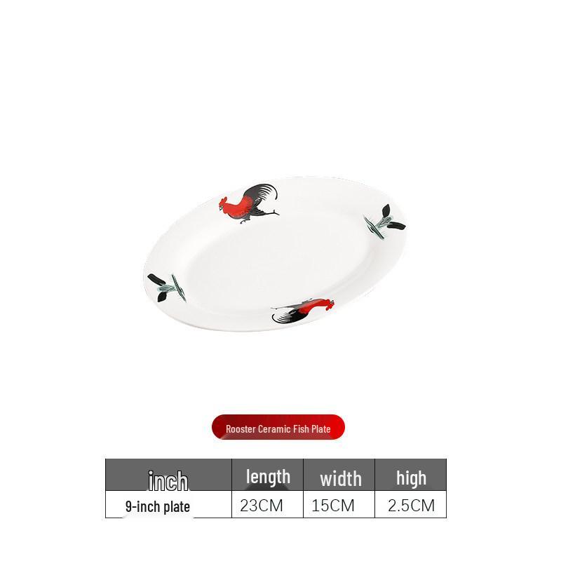 Rooster Ceramic Large Oval Thick-Edged Fish Plate for Steamed and Braised Fish, Rice Noodles, Restaurant Tableware.