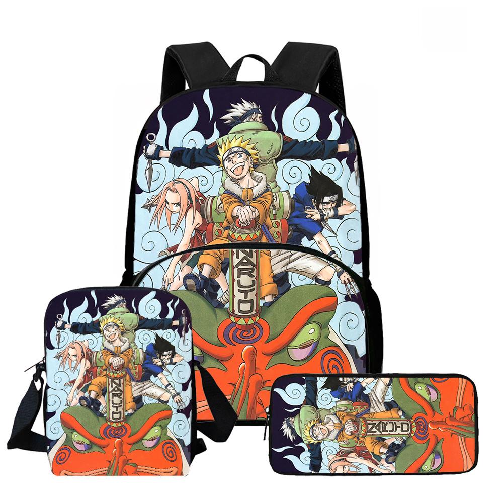 3Pcs Set School Backpack with Front Pocket, Crossbody Bag & Pencil Bag, Cartoon NARUTO, Lightweight for Boys & Girls Ages 6-10