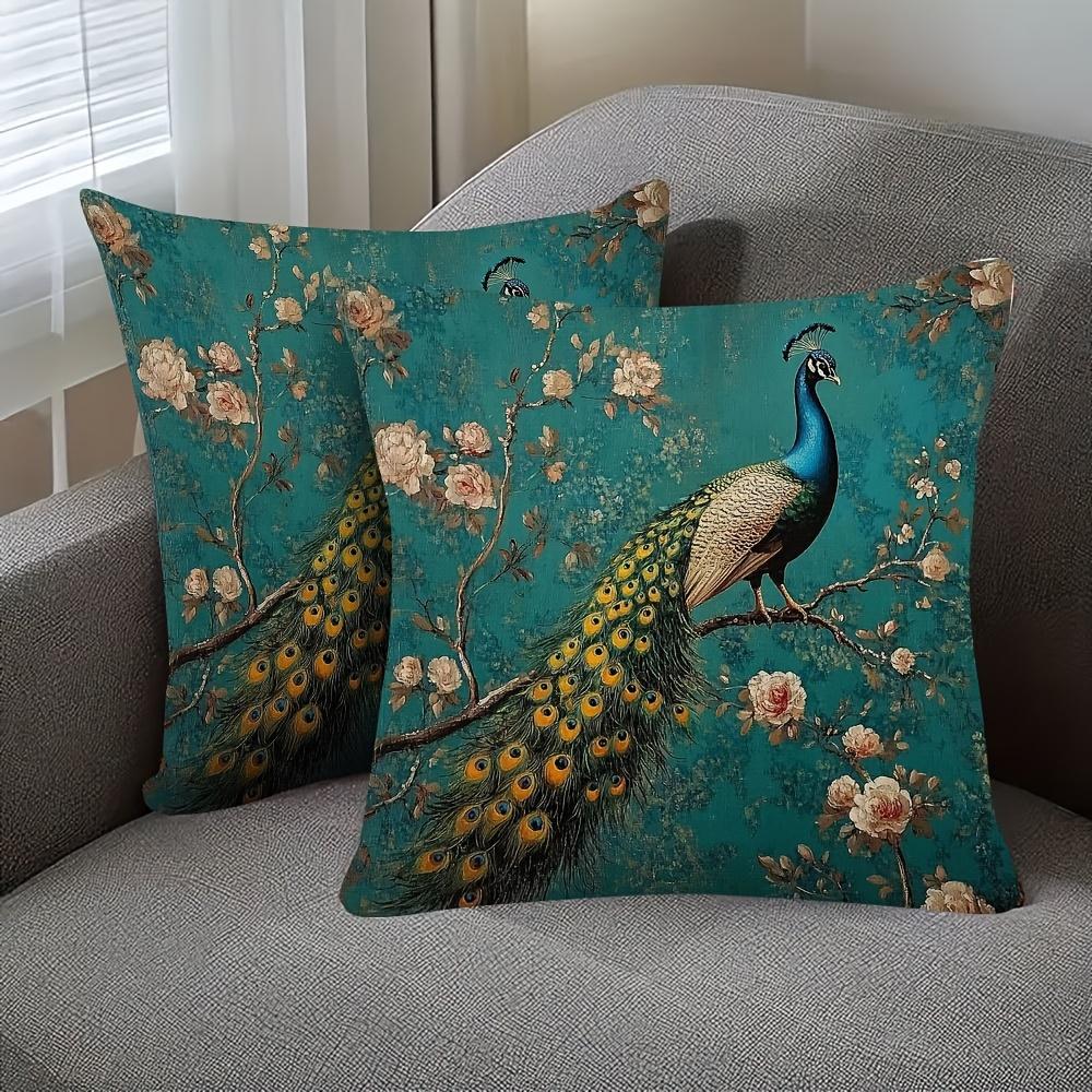 1Pc Luxury Living Room Peacock Pillow Cover, Polyester 2D Double-Sided Print, Vintage Teal Peacock Cushion, Perfect Gift For Bir