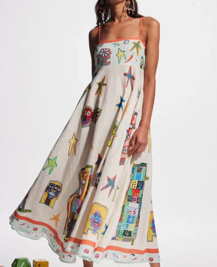 2026 Sexy European-American Style Graffiti Print Spaghetti Strap Wide Hem Dress Medium