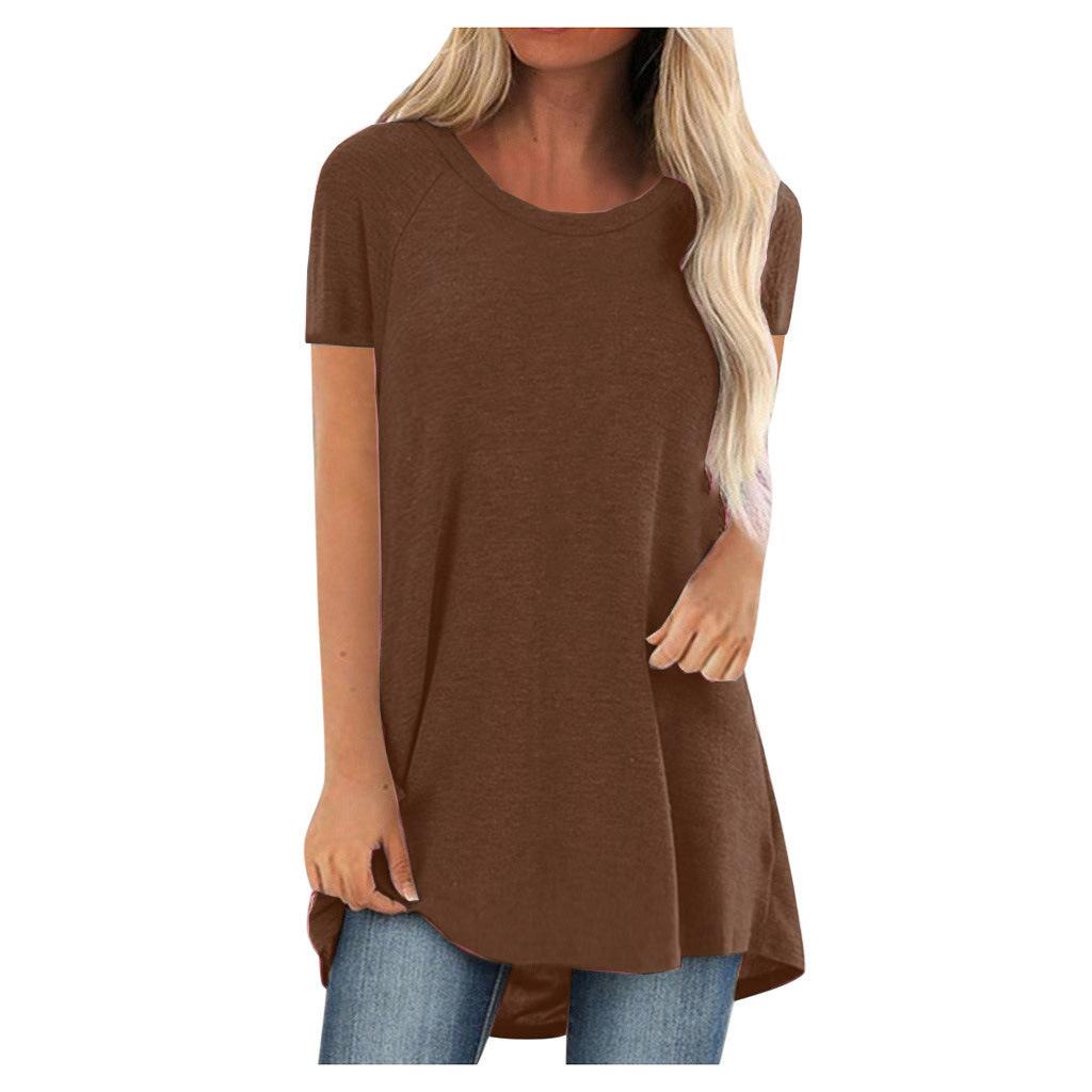 Volný pulovr s kulatým výstřihem a krátkým rukávem, jednobarevné dámské tričko
