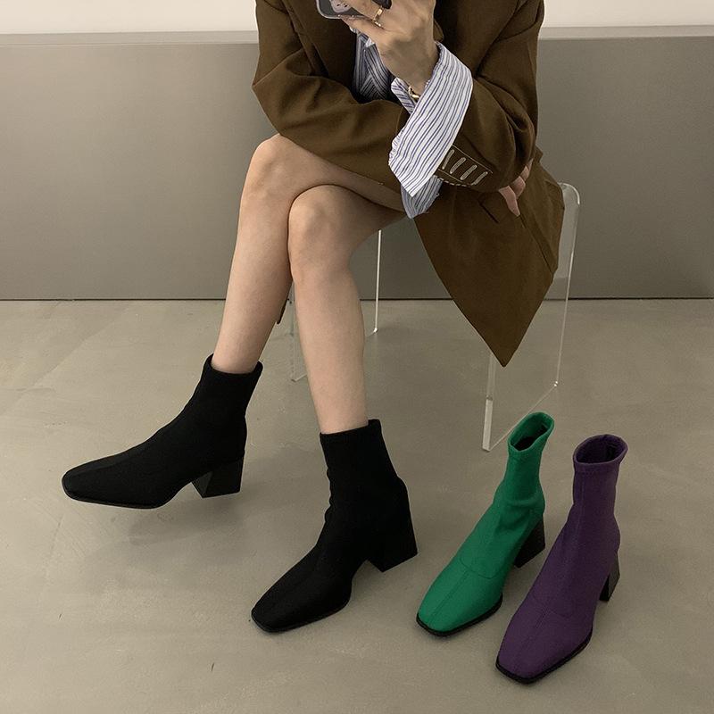 Square head small high heels autumn and winter thin boots low heel short boots high heel short boots winter short boots Martin boots thick heel