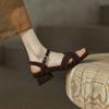 Summer Medium Heel Casual Sandals Women's Head Buckle Rubber Sole Square Heel New Comfortable Large Size Suede Women's Sandals