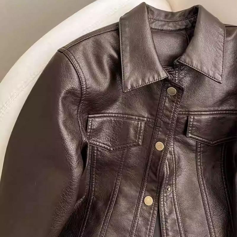 Haining Leather Women's Autumn New Thin Short Spring and Autumn Lapel Dopamine Leather Jacket Fashion Jacket