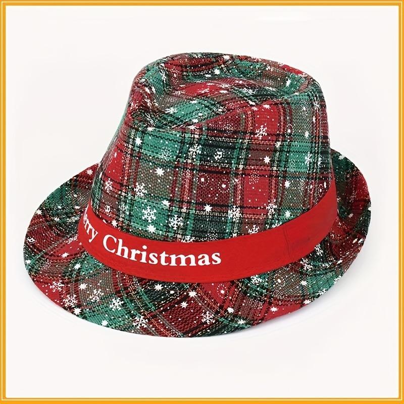 1pc Men'S Christmas Santa Hat with Plaid & Snowflake Patterns, Red/Green Tartan Design, Wide Brim & Poinsettia Bow - Festive Party Costume Accessory