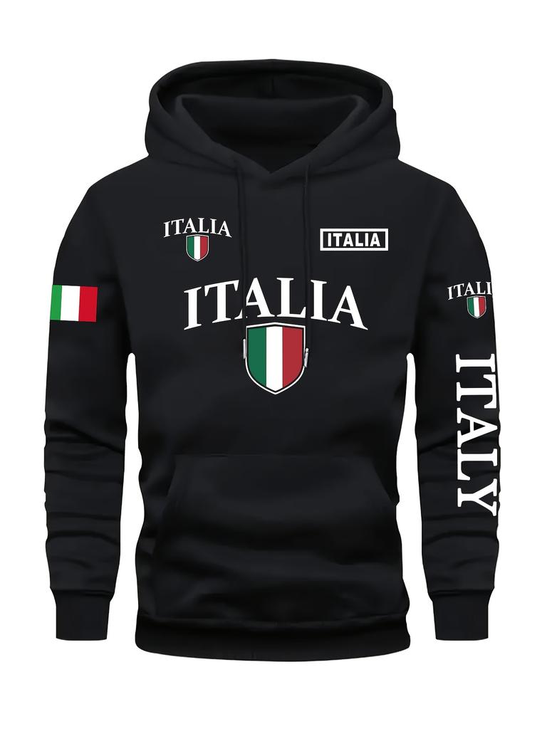 Men's Italy Flag Shield Bold ITALY Letter Print Hoodie Grey Casual Pullover Front Pocket Ribbed Cuffs Comfort Fit Urban Fashion