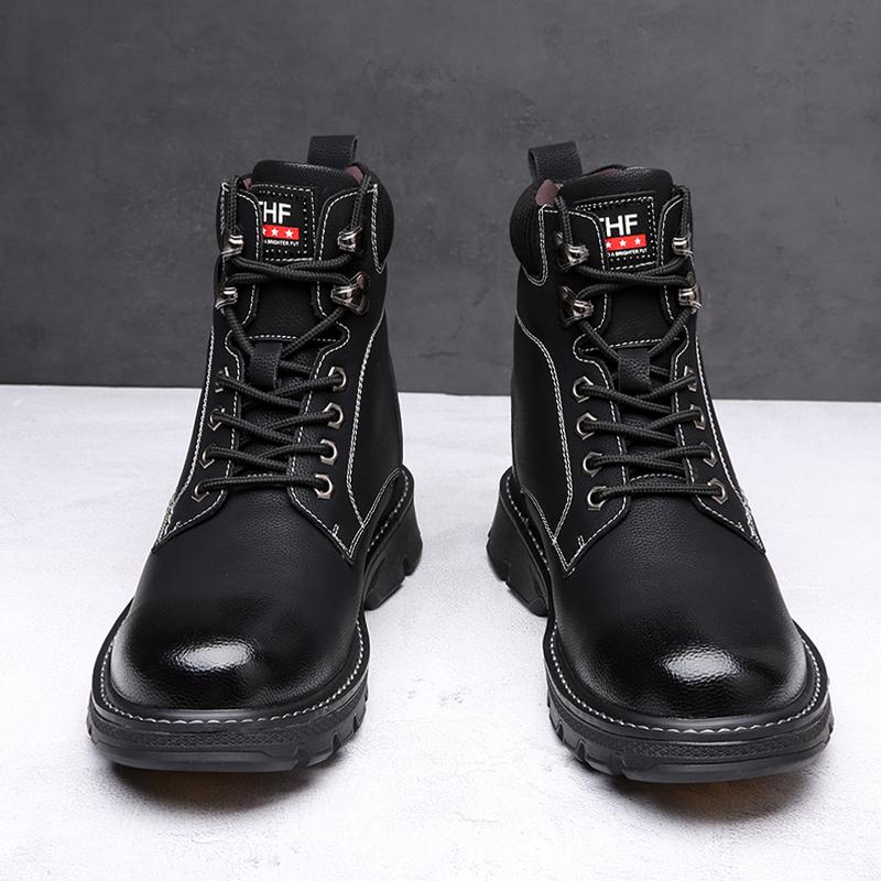 Vinterstövlar av högkvalitativt läder för män, motorcykelstövlar, trendiga skor, vardagsskor, lyxmärke, tjock sula, kängor