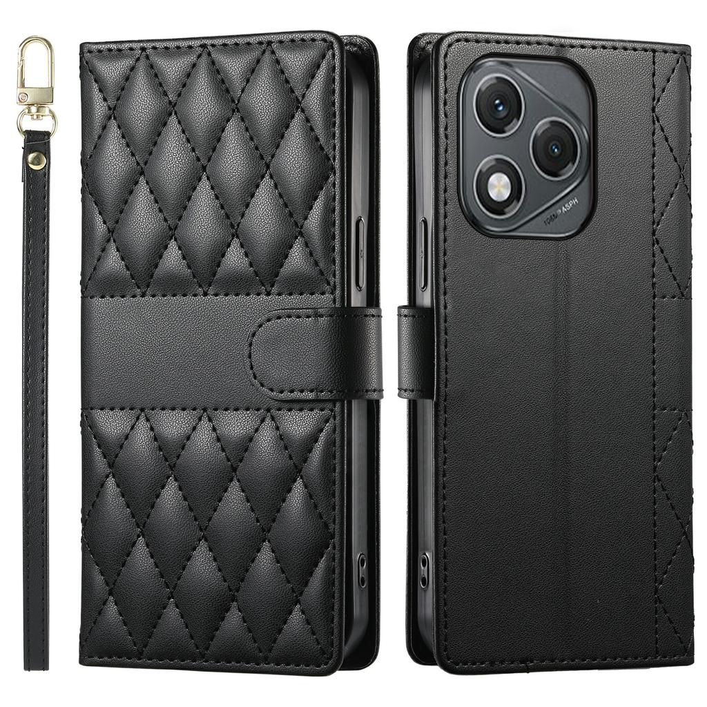 For Honor 400 Lite 5G Case Rhombus Stitching Wallet Stand Leather Phone Cover with Long/Short Strap