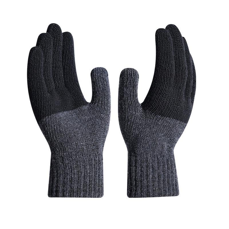 Men's autumn and winter color matching plus size knitted thickened warm finger cold-proof wool outdoor sports cycling gloves