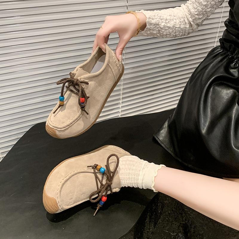 Fashion Women's Flat Shoes Round Toe Lace-up String Bead Increased Internal Shoes Retro Suede High-heeled Spring and Autumn Single Shoes