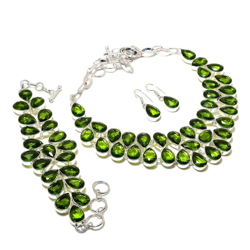 Peridot Pear Shape Gemstone Jewelry Set Handmade Gift Necklace Bracelet Earrings
