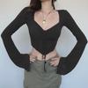 American Street Style Sexy V-Neck Irregular Pleated Long-Sleeve Crop Top