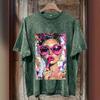 T-shirt Lavata e Usurata Stile Europeo Americano Stampa Grafica Top Casual da Donna