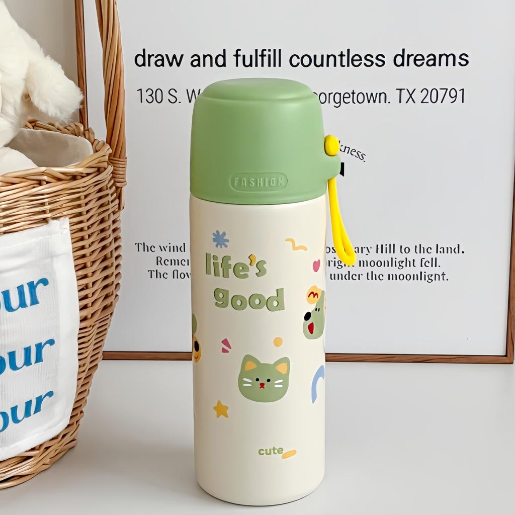 Sweet and cute 111 stainless steel vacuum thermos cup, cartoon cat animal carrying ring, student school drinking water cup