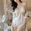 Sexy Pajamas Women's Ice Silk Summer Suspender Shorts Three-piece Set, New Women's Loungewear Set with Chest Pads