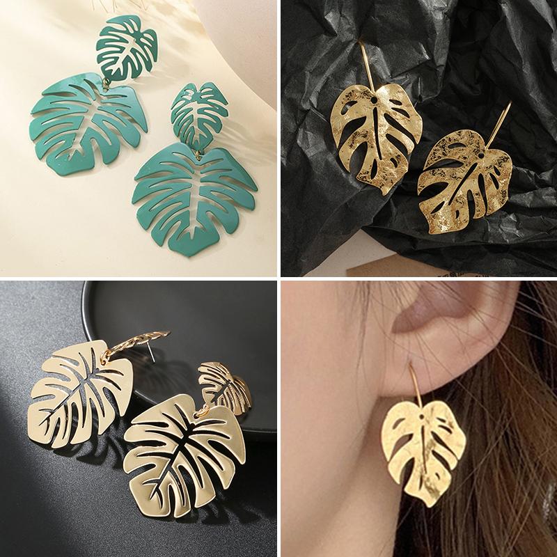 Bohemian Monstera Palm Tree Dangle Earrings For Women Gold Tropical Hollow Plant Leaves Big Earring Beach Brincos Gift
