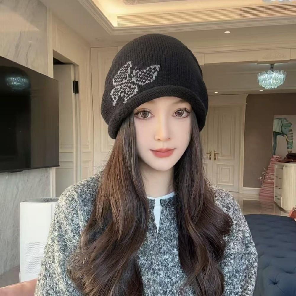 Butterfly Pattern Drawstring Beanie Cap Windproof Ear Protection Hat Knitted Woolen Hat  for Women