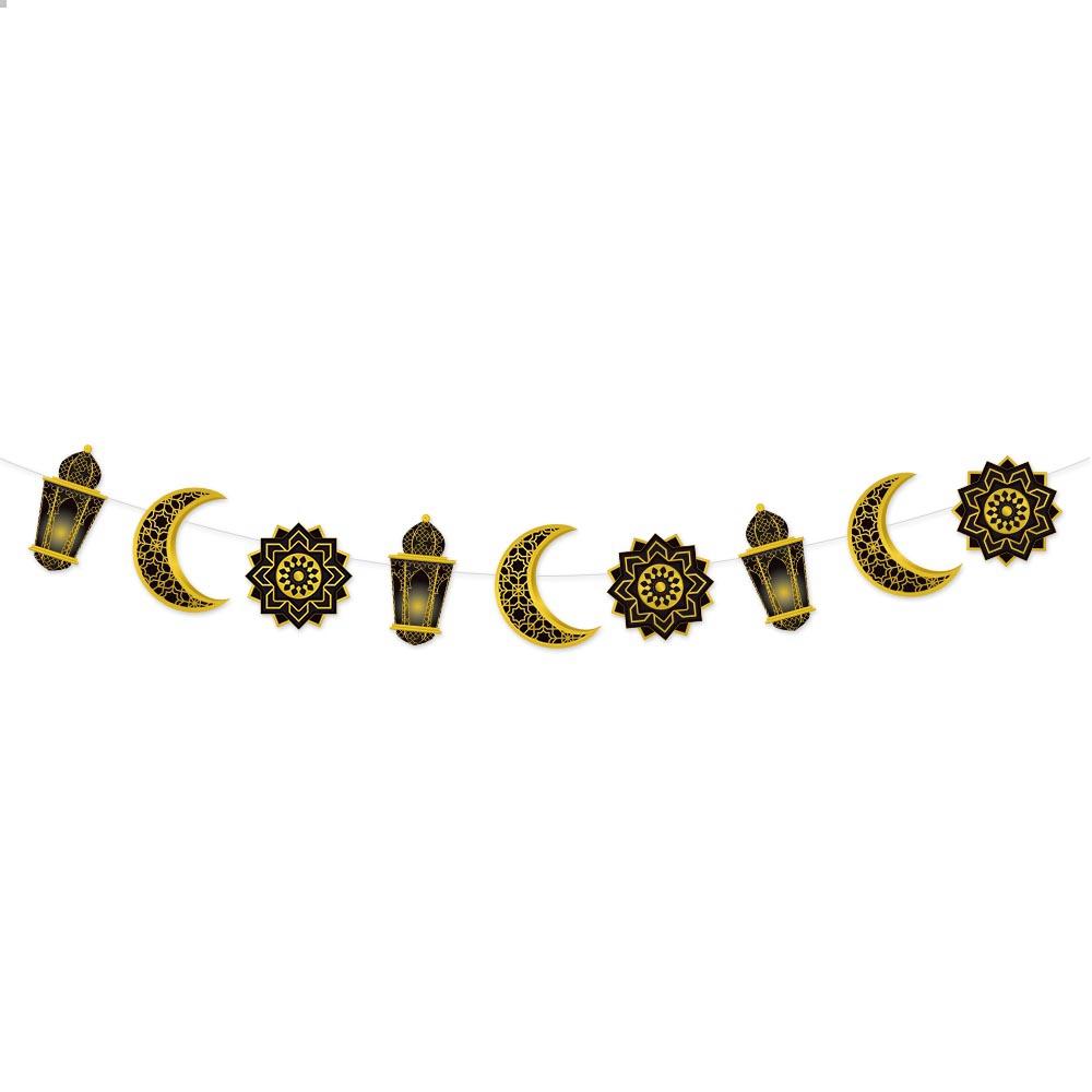 1pc Eid Mubarak Wall Hanging Golden Moon Lantern Floral Pattern Banner Festive Home Decor for Ramadan &Eid Party Decoration Gift