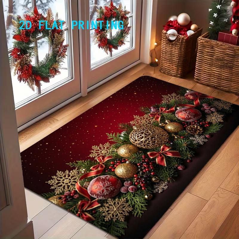 1pc, 2D Flat Printing, Christmas Style Red And Golden Christmas Ornament Pine Branch Door Mat, Non-Slip And Machine Washable Easy to Clean Polyester C
