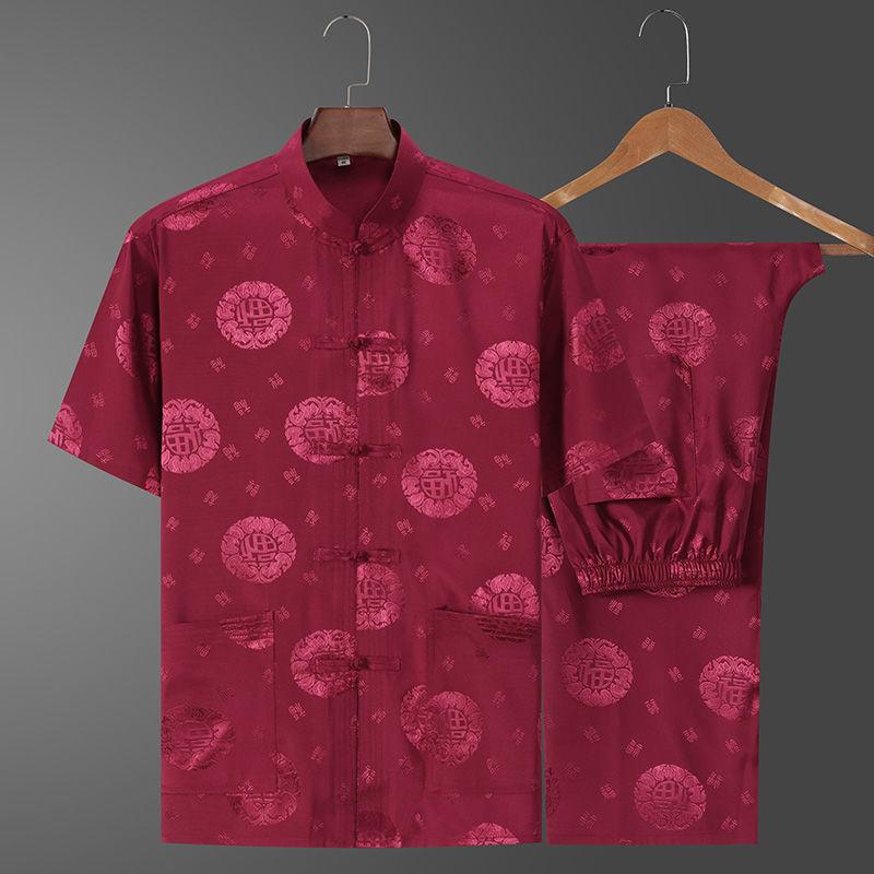 Chinese Stand Collar Tang Suit Men Short Sleeve Vintage Hanfu Clothing Hand Button Cheongsam Casual Dragon Kong Fu Clothes