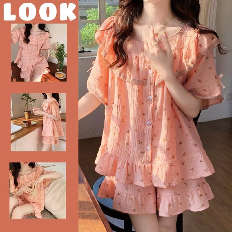 Sweet and Fresh Pajamas  Women's Summer Floral Lace Dormitory Short Sleeved Home Clothing Set