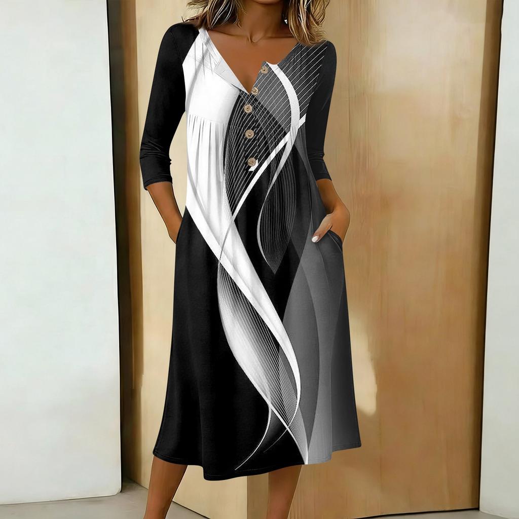Women's Fashionable Color Printed Round Neck 3/4 Sleeve Button Collar Mid Length Casual Dress