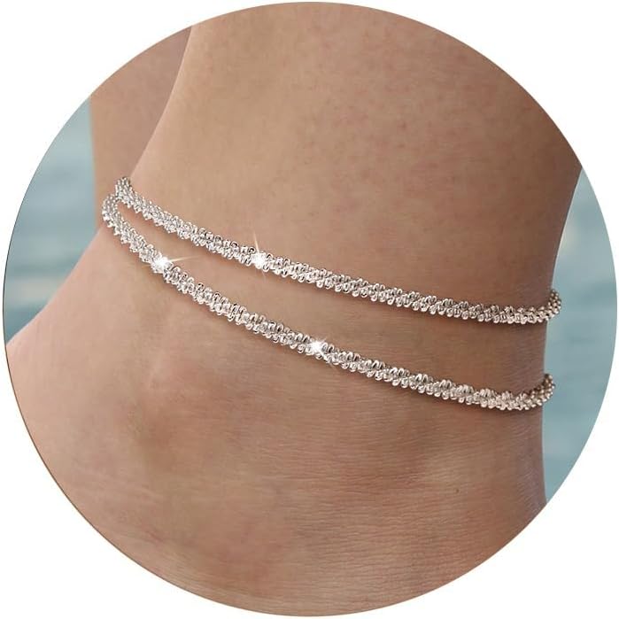Ankle Bracelets for Women Girls Glitter Waterproof Adjustable 14K Gold Plated/ Silver Layered Anklets Beach Foot Jewerly