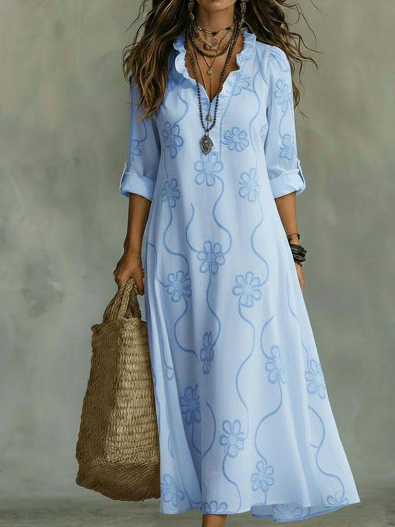 Women Floral Print V Neck Ruffle Sleeve Maxi Dress Bohemian Loose Fit Summer Dress