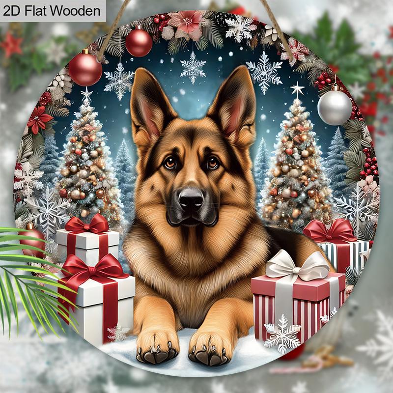 Christmas Wooden Sign with German Shepherd Pattern - Navidad Round Sign for Front Door, Wall Hanging Decor - Ideal Christmas Decoration