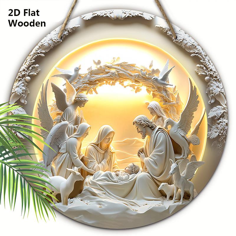 

Деревянная табличка «Сцена Рождества», Иисус преследует потерявшегося ягненка, круглый орнамент для декора на входную дверь или стену, идеальный рождественский подарок для христиан 20cm/7.87in белый