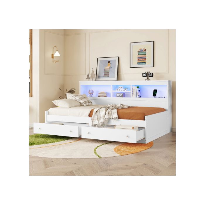 Tagesbett - MUVOE - 90x200 cm - Weiß - Mit LED-Licht - 2 USB-Anschlüsse