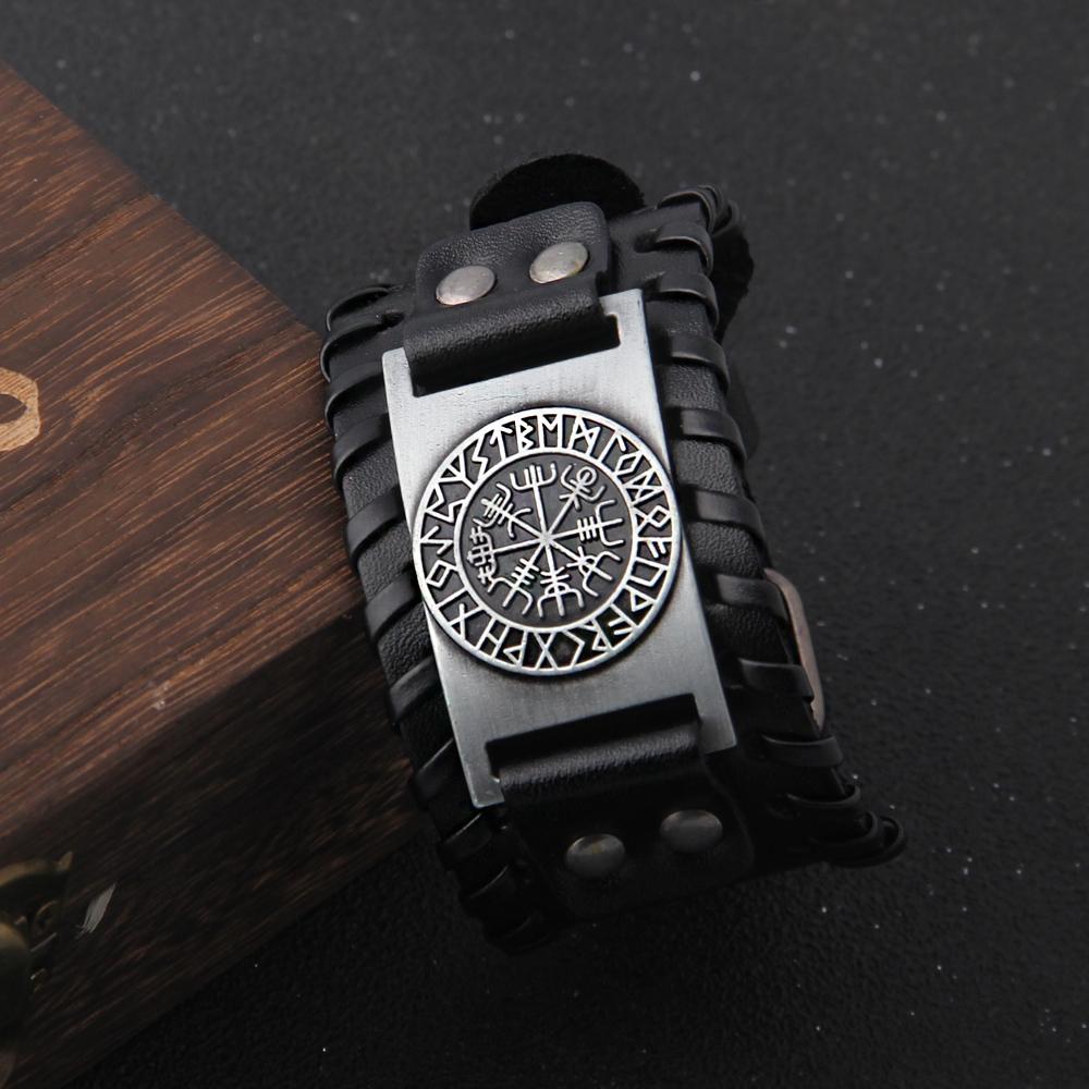 Charm Wide Leather Bracelet Men Punk Braided Rope Alloy Cuff Bangle Male Wristband Viking Bracelet Mens Jewelry with Wood Box