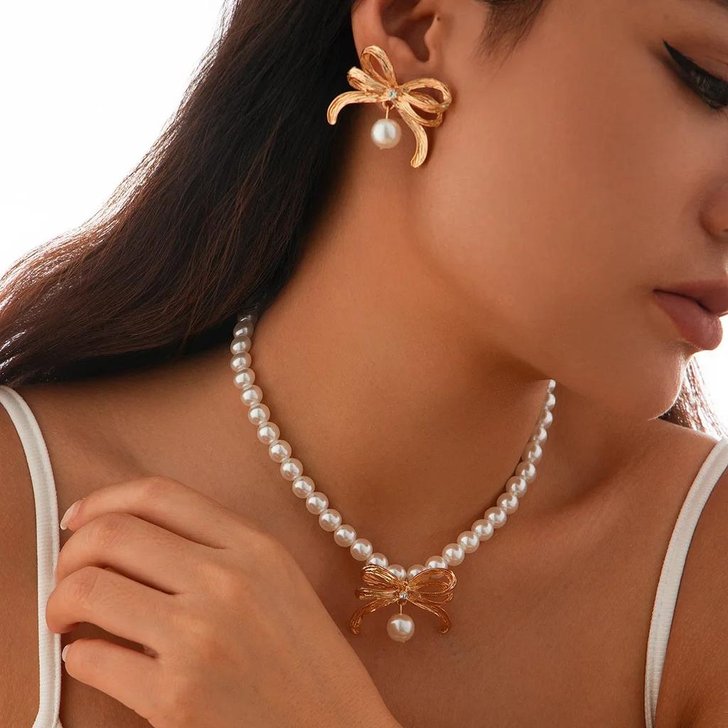 Simulation Pearl Bow Choker for Women Bowknot Necklace Earrings Wedding Jewelry Accessories