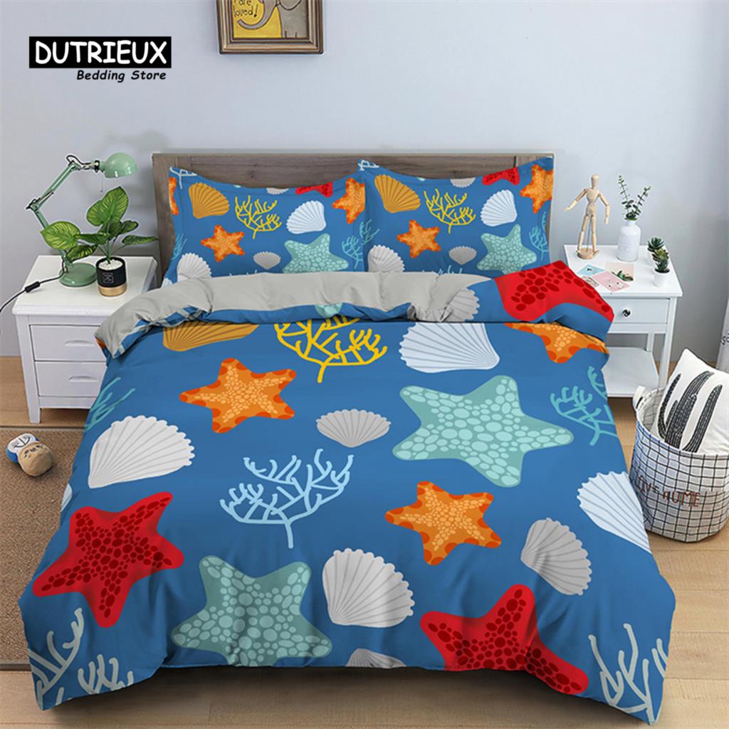 Cartoon Fish Dolphin Turtle Ocean Toddler Bedding Set For Kids Marine Themed Duvet Cover Microfiber Sea Creatures Quilt Cover