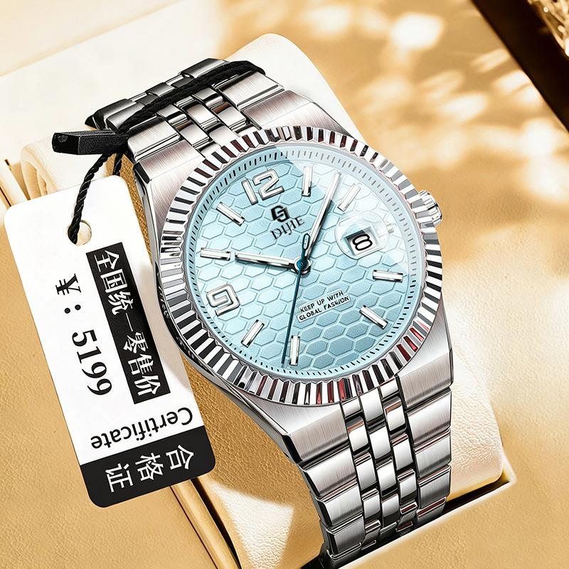 Orologio da polso meccanico completamente automatico autentico in acciaio inossidabile, lancette luminose, data, resistenza all'acqua 10m, diretto dalla fabbrica